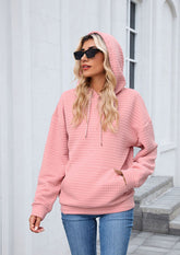Textured Tie Front Pocket Detail Casual Hoodie